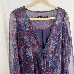 Zara flowy boho floral mini dress size xsmall long sleeves